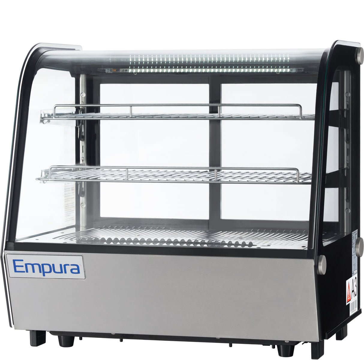 A commercial Empura refrigerated case with glass panels, two metal wire shelves, interior LED lighting, and a stainless steel base. The countertop display refrigerator is empty and designed for showcasing food items. Brand name “Empura” appears on the front.