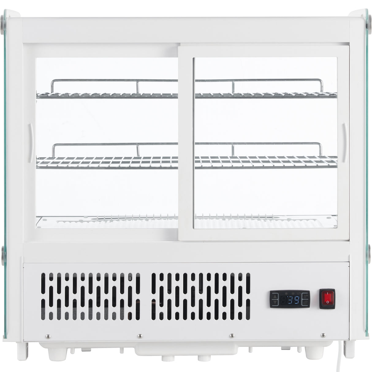 A countertop-sized Empura refrigeration display case with two sliding glass doors, two interior wire shelves, side glass panels, and a digital temperature display. Ventilation grilles are on the bottom for cooling. The refrigerated display case is empty.