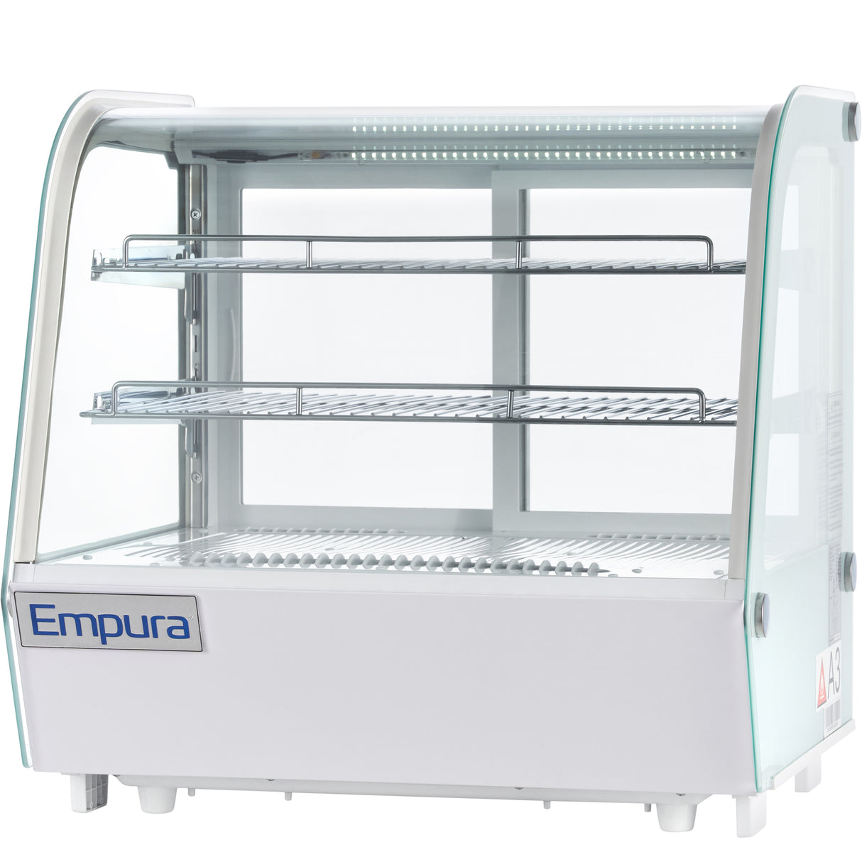 A commercial countertop display refrigerator by Empura with curved glass, two wire shelves, LED lighting at the top, and a white base. Its transparent sides reveal a spacious interior and clean, modern design—ideal as a refrigerated display case.