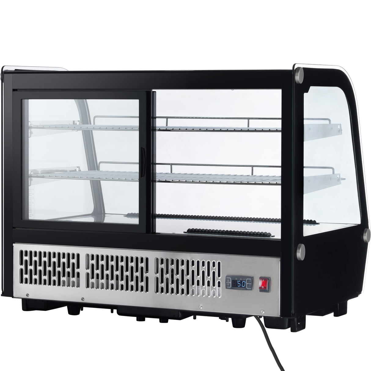 A black and silver Empura refrigerated display case with glass front and sides, two metal shelves inside, sliding doors at the back, a digital temperature display, ventilation grilles, and a power cord extending from the bottom right. The case is empty.