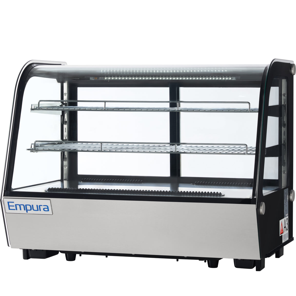 A commercial Empura refrigerated display case with a glass front and sides, two wire shelves, and a stainless steel base. The well-lit countertop display case is perfect for showcasing food items while keeping them fresh.