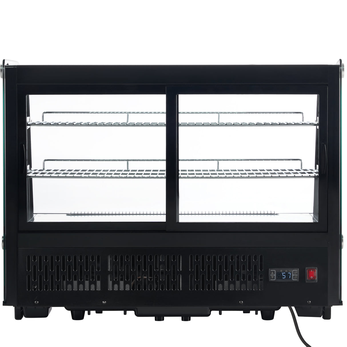 A black Empura refrigeration countertop display refrigerator with two clear sliding glass doors and three wire shelves inside. The base features ventilation grilles, a temperature display showing 57°F, a red power switch, and a power cord at the bottom right corner.