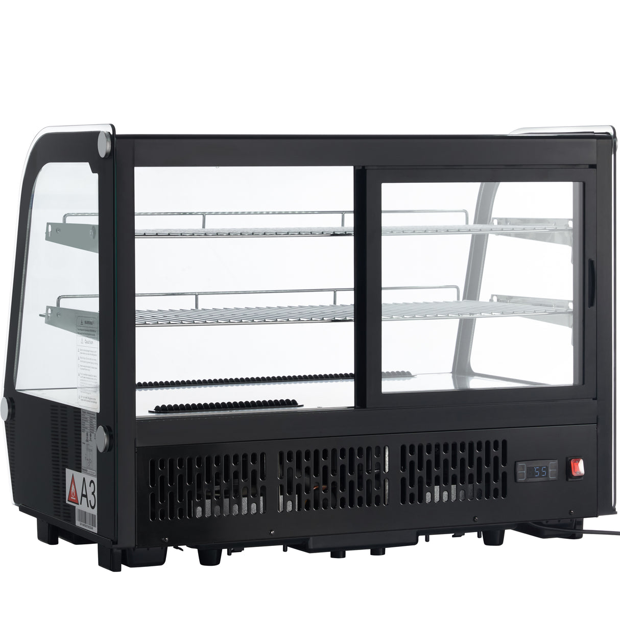 A black, rectangular Empura refrigeration countertop display refrigerator with a curved glass front and sides. It features two metal shelves, sliding glass doors at the back, ventilation slats below, a digital temperature display, and a power switch.