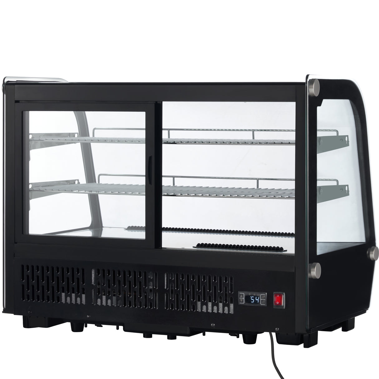 A black Empura refrigerated display case with glass sliding doors, two adjustable metal shelves, and a digital temperature display on the lower front panel. This countertop display case is plugged in, with its interior empty.