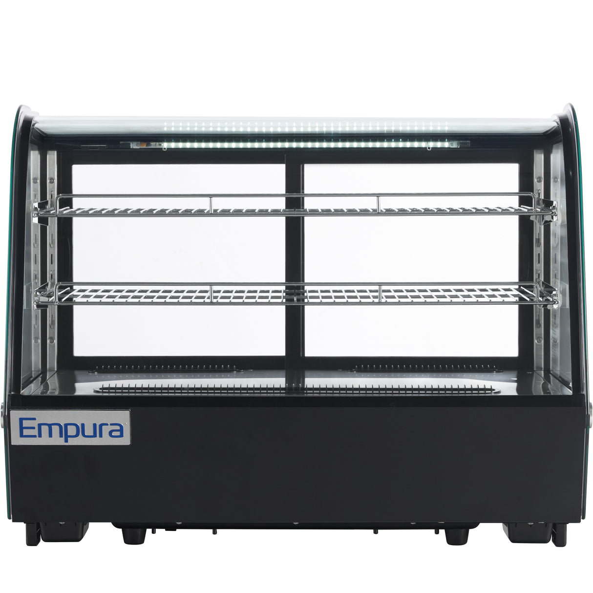 A front-facing, empty Empura countertop display case with three chrome wire shelves and a black base labeled “Empura.” Curved glass sides and a top LED light strip illuminate the interior. The background is plain white.