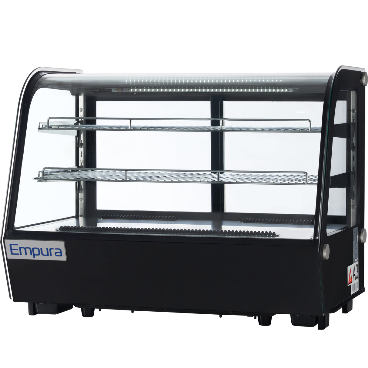 A black, rectangular Empura refrigerated display case with curved glass front and sides, two metal wire shelves, and interior LED lighting. This countertop display case is perfect for showcasing food items while keeping them fresh.