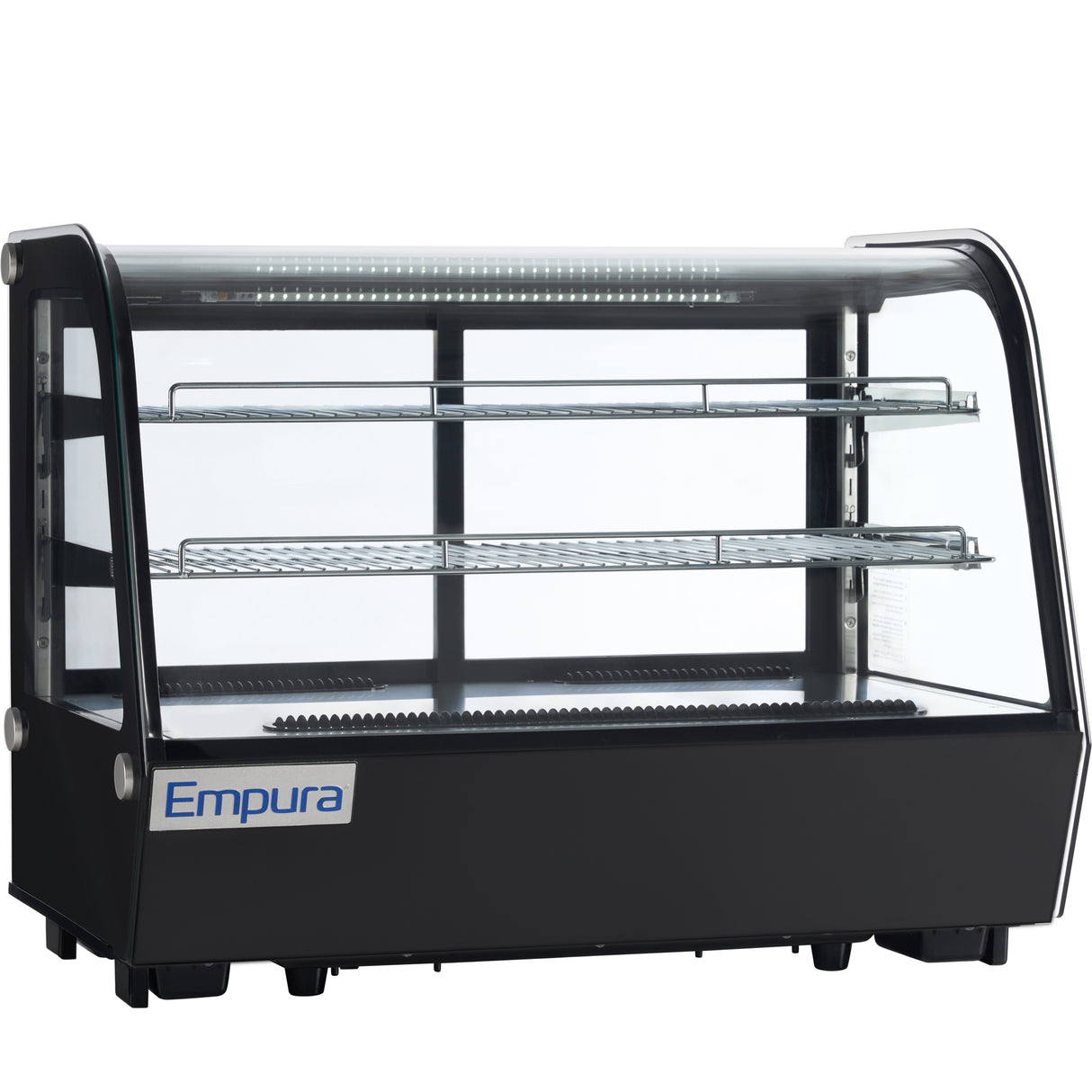 A black and glass Empura refrigeration countertop display case with two wire shelves, LED lights on top, and the brand name Empura on the front lower left corner. The refrigerated display case is empty and sits on a white background.