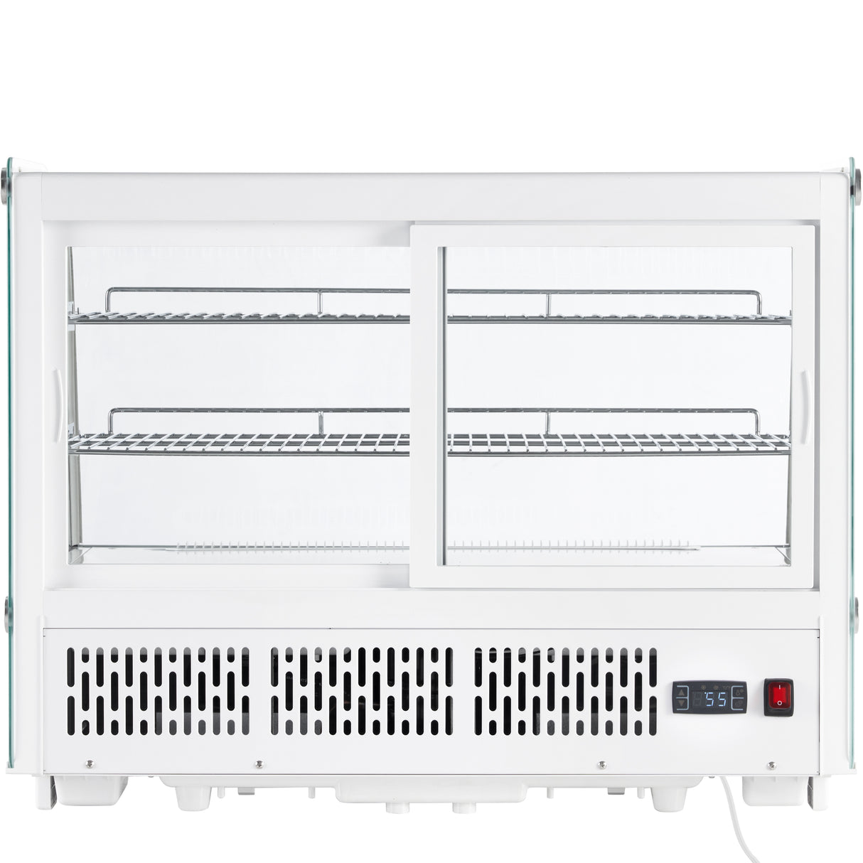 A white Empura refrigeration countertop display case featuring two sliding glass doors, two metal wire shelves, and a vented front panel. A digital temperature display and power switch are located at the bottom right of the unit.