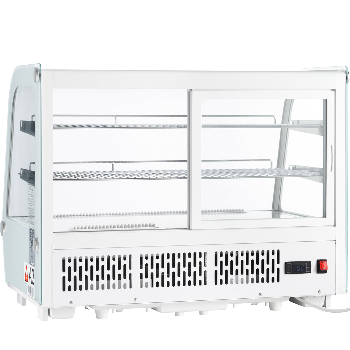 A white, rectangular Empura refrigeration countertop display case with glass panels and two shelves. The case features sliding glass doors, a vented front panel, and a digital display with control buttons on the bottom right corner.