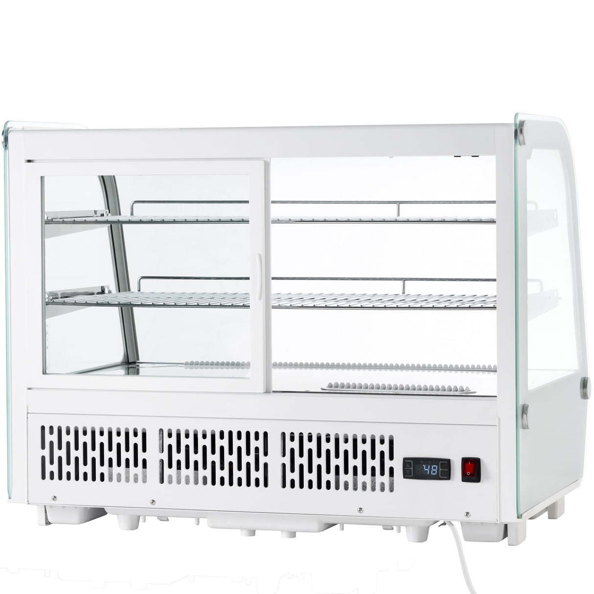 This Empura refrigeration countertop display case features glass sides and front, two wire shelves, and a digital temperature display reading 4.8°C. Vented panels and sliding glass doors at the back provide easy access to the shelves.