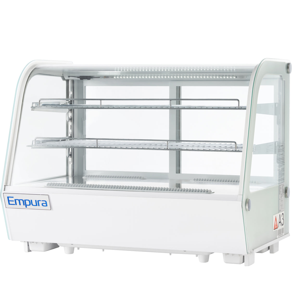 Glass countertop display case with two wire shelves and a white base labeled Empura. The rectangular case has rounded front corners, clear side panels, and is empty inside. It sits on four short legs and features an A3 label on the lower right corner.