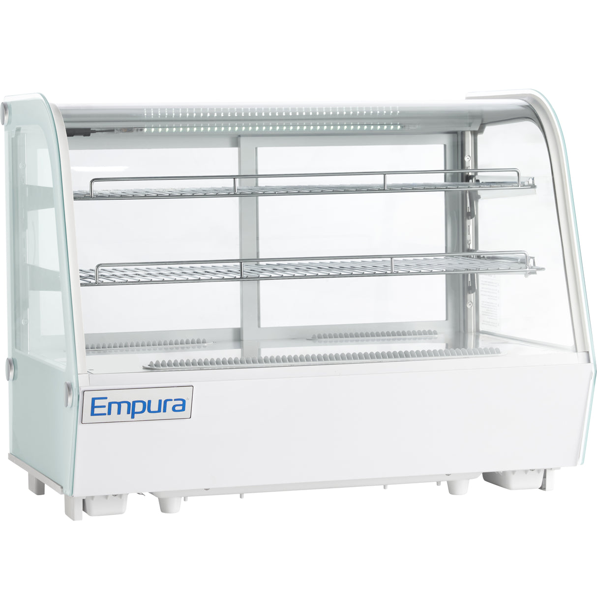 A white Empura Refrigeration countertop display case with glass sides and front, two wire shelves, and internal LED lighting. This refrigerated display case is perfect for showcasing food items in a commercial setting such as a bakery or deli.