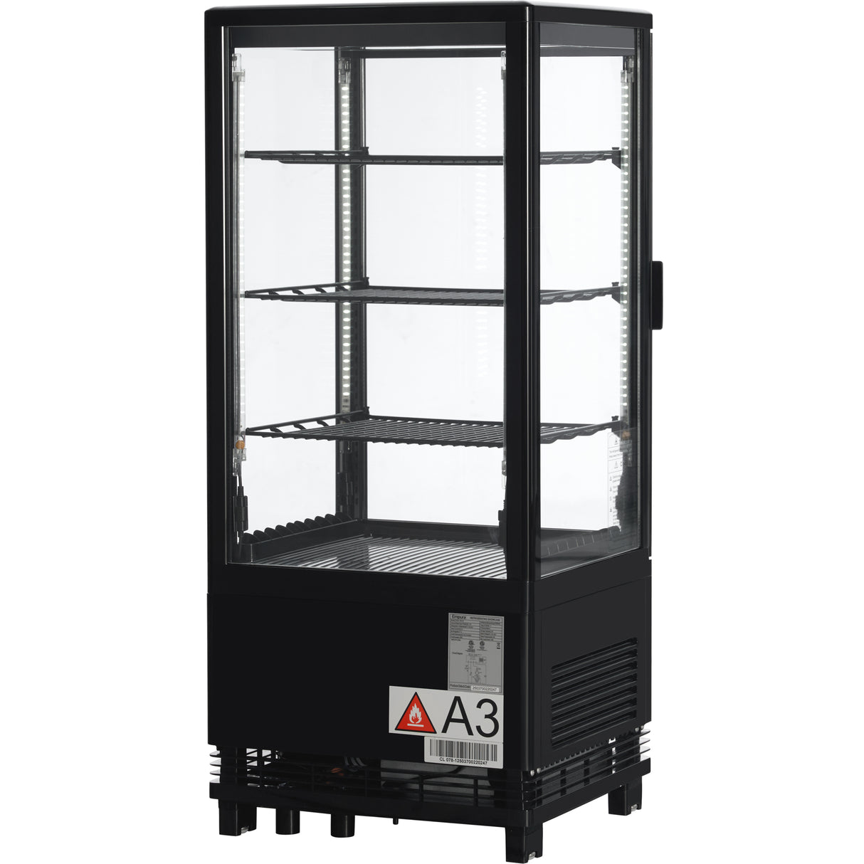 A black, rectangular Empura Refrigeration countertop display refrigerator with three interior shelves, transparent sides and door, and a vented base. A white label with a red warning triangle and A3 is attached to the lower front. The unit is empty.
