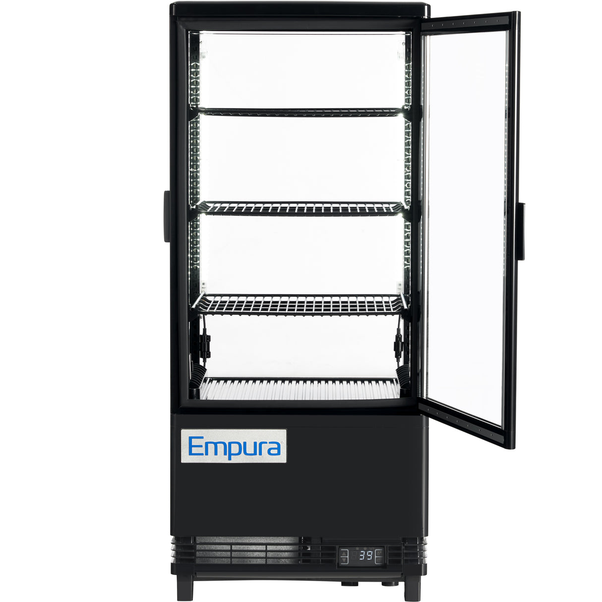 A black Empura Refrigeration countertop display refrigerator with a glass door open to the right, featuring three adjustable wire shelves inside. The brightly lit interior is empty, with a digital temperature display and white Empura label on the bottom front.