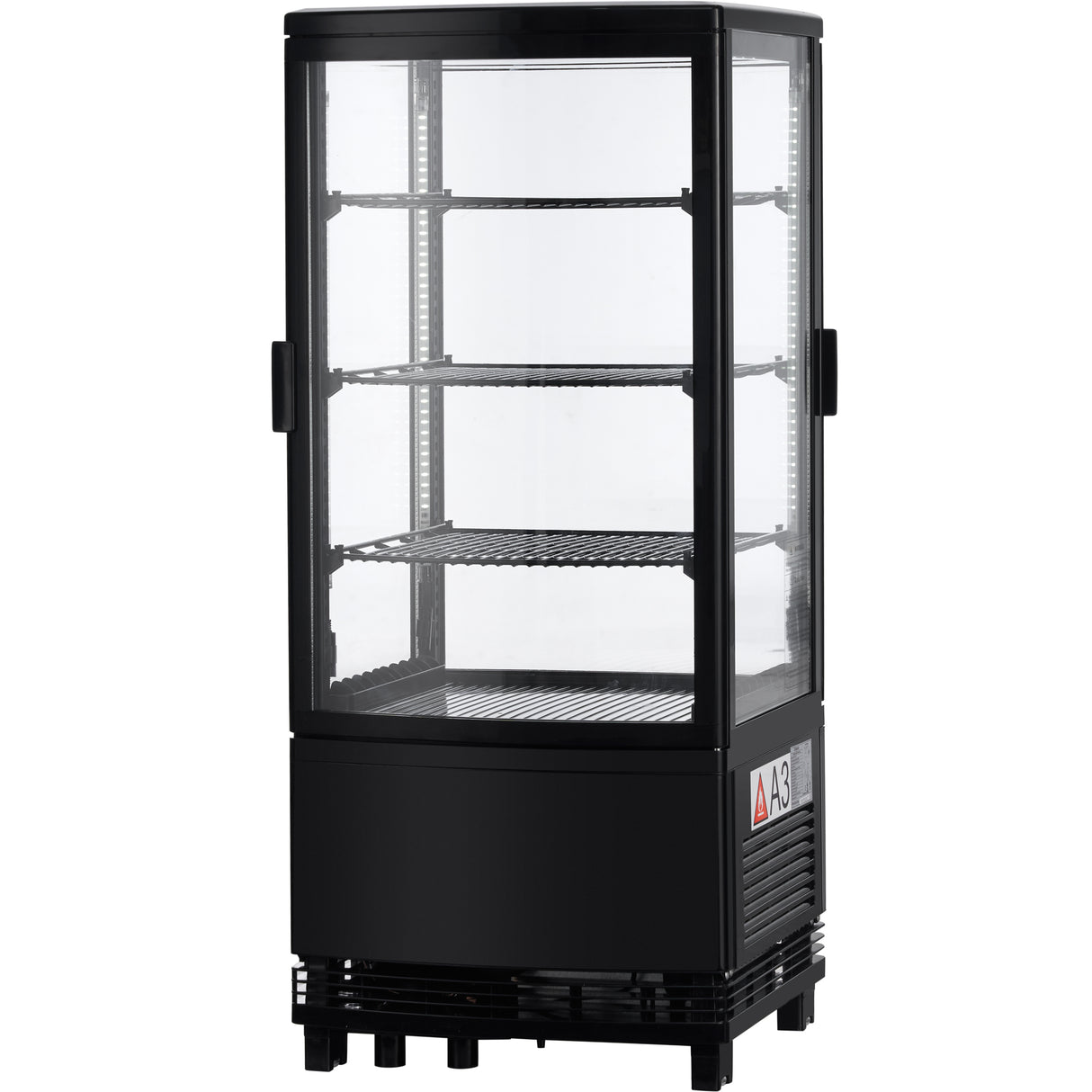 A black, upright refrigerated display case with four clear glass sides and multiple wire shelves. The door is closed, and the fridge appears empty. A small warning label is visible on the lower front panel near the base of the appliance.