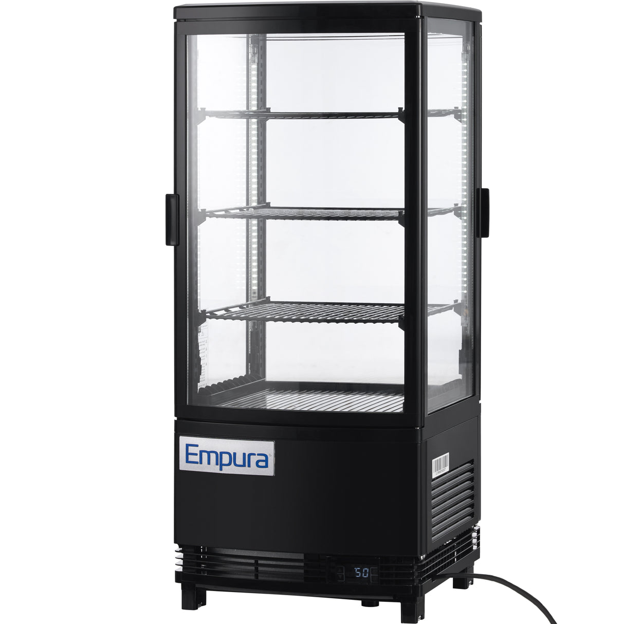 A black Empura E-RDC-17B-2D countertop display refrigerator with glass panels on all sides, three adjustable wire shelves, and a digital temperature display at the bottom. The refrigerated display case is plugged in and empty inside.