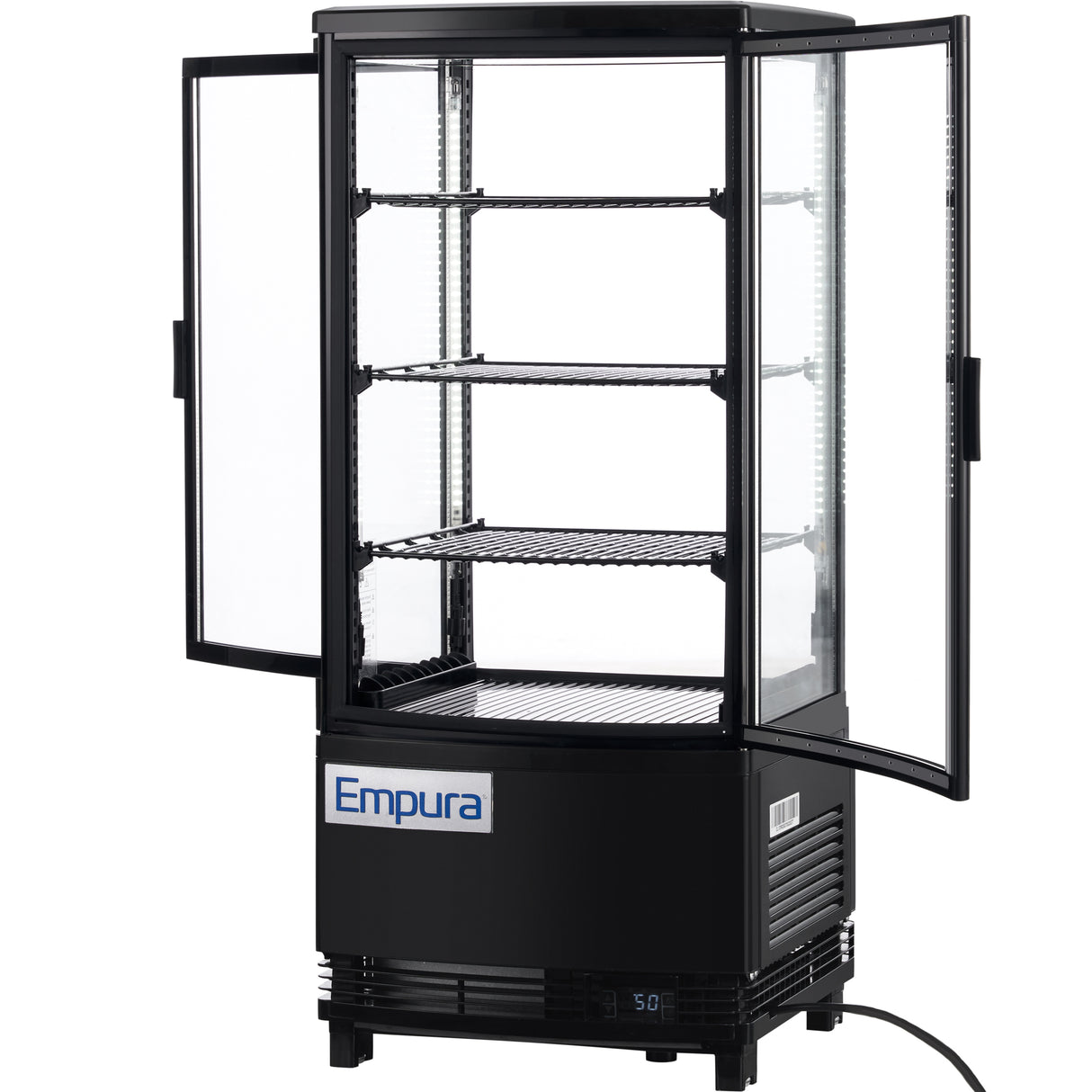 A black Empura E-RDC-17B-2D countertop display refrigerator with glass sides and doors open. It features three wire shelves, a digital temperature display at the bottom right, and a blue Empura logo on the front panel. The case is empty and plugged in.