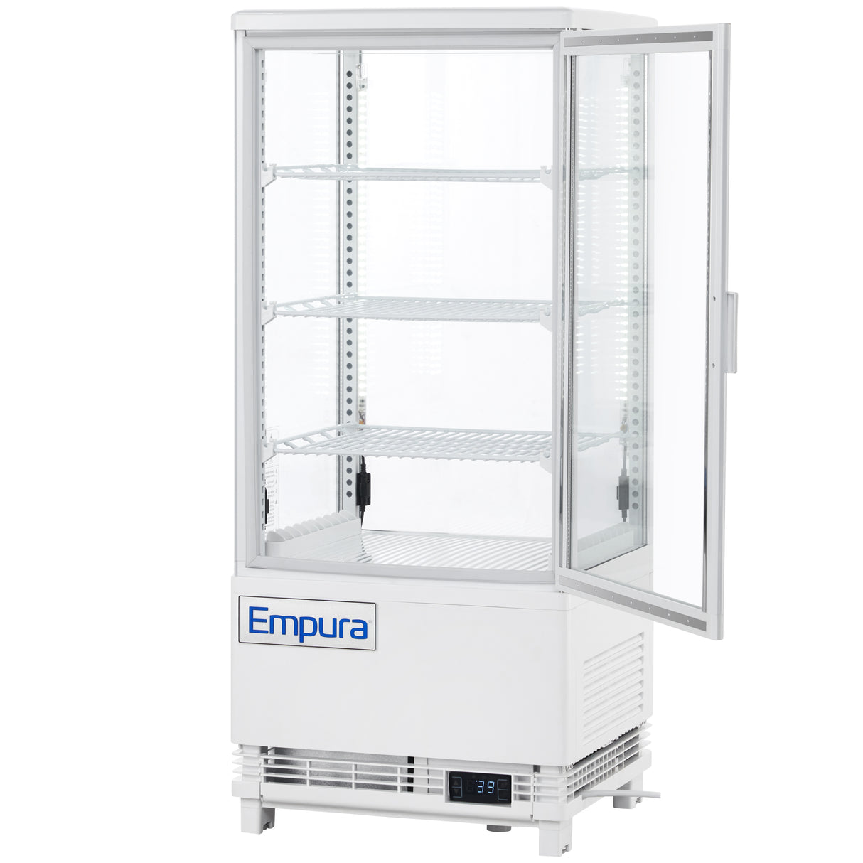 A white, upright Empura Refrigeration display refrigerator with glass sides and door. The door is open, revealing three adjustable wire shelves inside this countertop display case. A digital temperature display at the bottom shows 39°F.