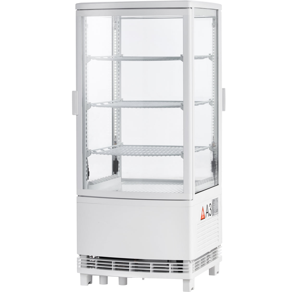 A tall, rectangular, white refrigerated display case with glass panels on all sides features three adjustable wire shelves and a vented base. Warning stickers are visible on the lower right front. The Empura refrigeration unit stands on short legs and is empty inside.