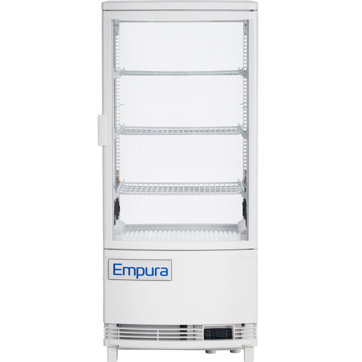 A white, upright Empura refrigeration display case with four wire shelves, glass front and sides, and the Empura brand name on the bottom panel. This refrigerated display case is empty and sits on small metal legs.
