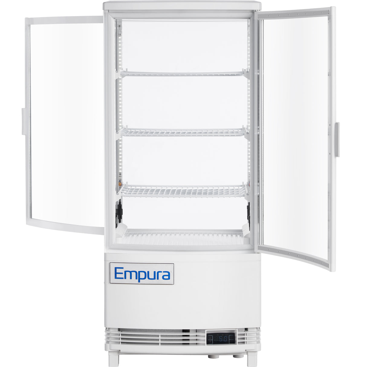 A white, upright Empura refrigeration display case with glass doors open on each side. Inside, it has four empty wire shelves. The refrigerated display case features a digital display near the bottom and a plain white background.