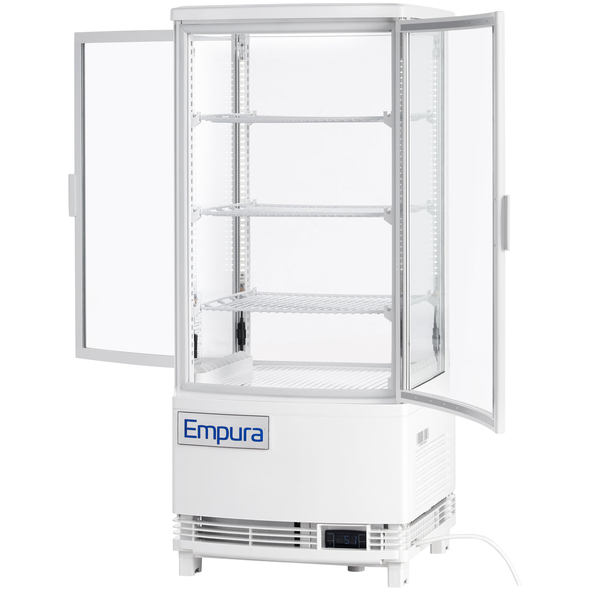 A white Empura refrigerated display case with a glass door open, showing three adjustable wire shelves inside. The unit features Empura refrigeration, a digital display on the bottom right, a visible power cord, and the Empura logo on the front.