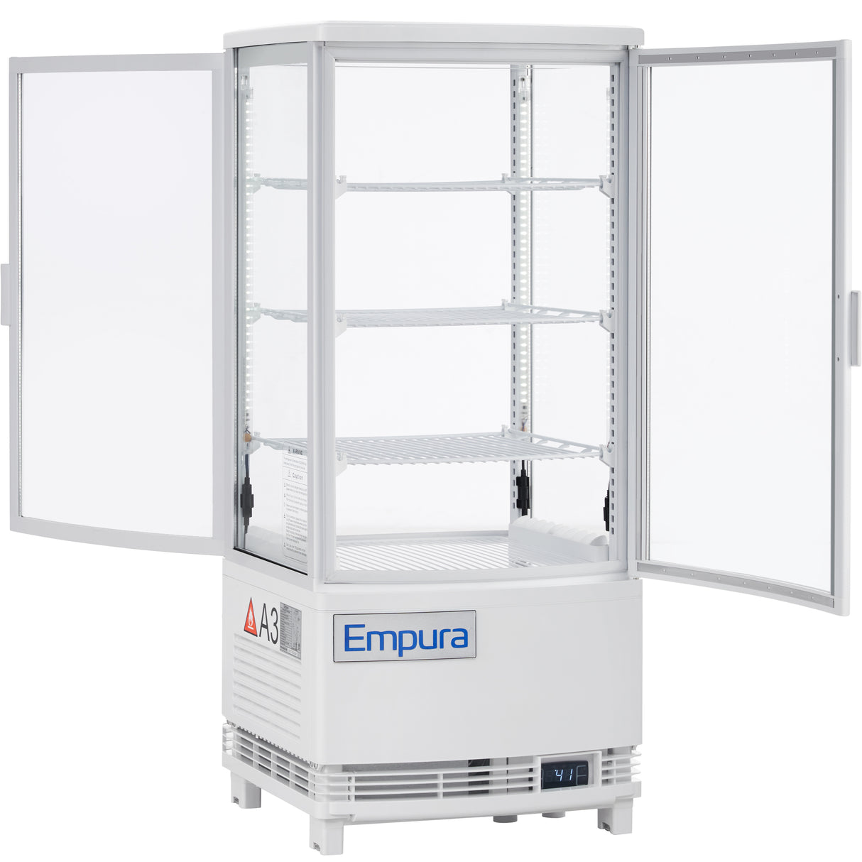 A white Empura refrigeration display refrigerator with two open glass doors, four wire shelves, and a digital temperature display at the bottom front. The interior is empty, and the refrigerated display case stands on short legs with warning labels on the lower left side.