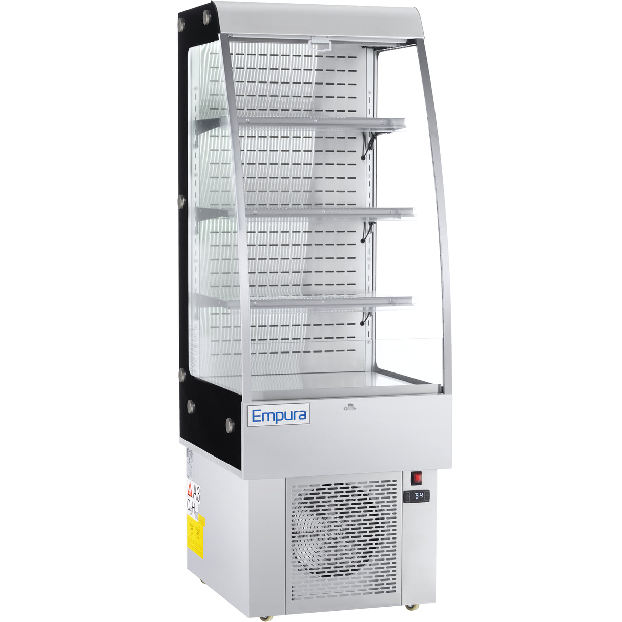 A stainless steel open air merchandiser with three wire shelves, a vented cooling unit at the base, and the Empura brand on the front. Clear glass sides and front provide full product visibility in this sleek refrigerated display.