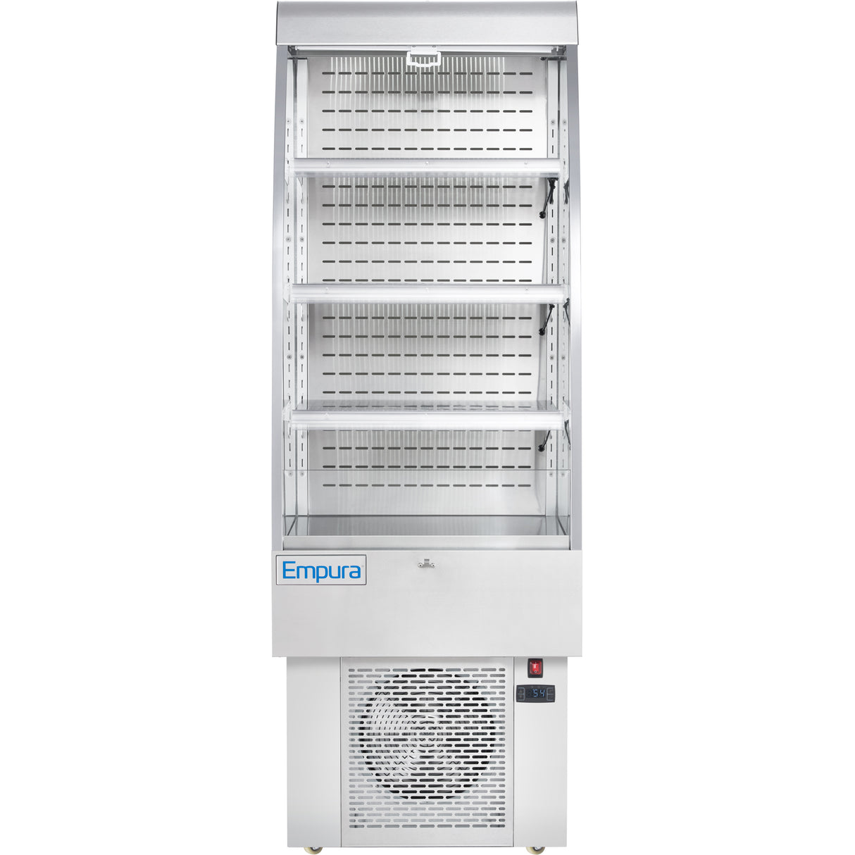 A commercial open-air merchandiser refrigerator with four empty metal shelves, a vented cooling unit at the bottom, digital temperature display, and the Empura brand name. The stainless steel interior features perforated side and back panels.