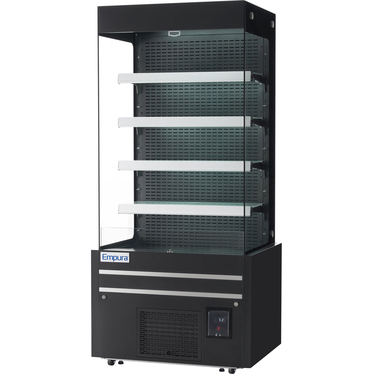 A tall, black Empura refrigeration display case with four horizontal shelves, a vented lower section, glass sides, and an electronic temperature display. The Empura brand name appears on the upper left of the lower front panel.