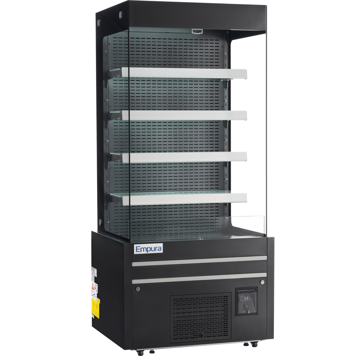 A black Empura refrigerated display case with four horizontal shelves, vented back panel, digital control panel at the bottom right, and glass sides. This open air merchandiser is empty and ideal for showcasing chilled food or beverages.