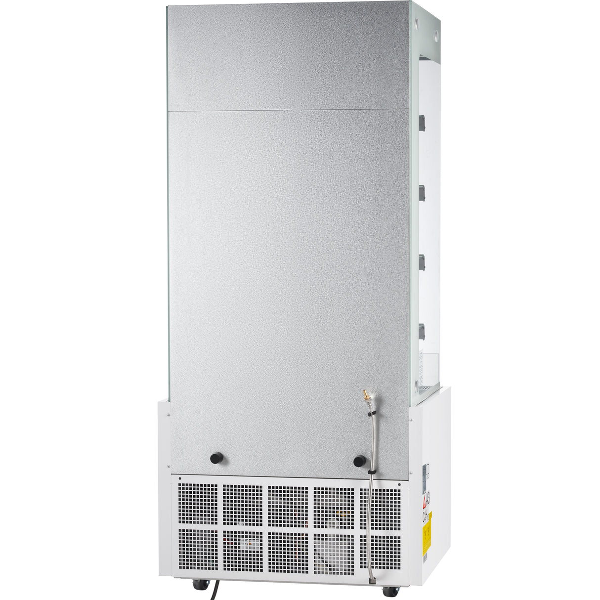 A tall, rectangular Empura refrigeration unit with a silver metallic back panel. The bottom section features ventilation grilles and two black control knobs. Small wheels provide mobility, and a visible hose attachment sits on the side of this refrigerated display case.