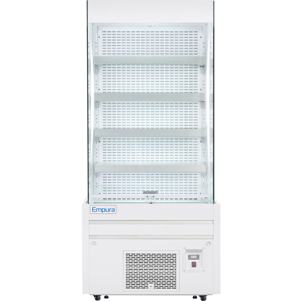 A commercial Empura refrigeration open air merchandiser with four empty perforated shelves, a white exterior, vented base, control panel, and Empura branding on the lower left front. The refrigerated display case stands upright against a plain white background.