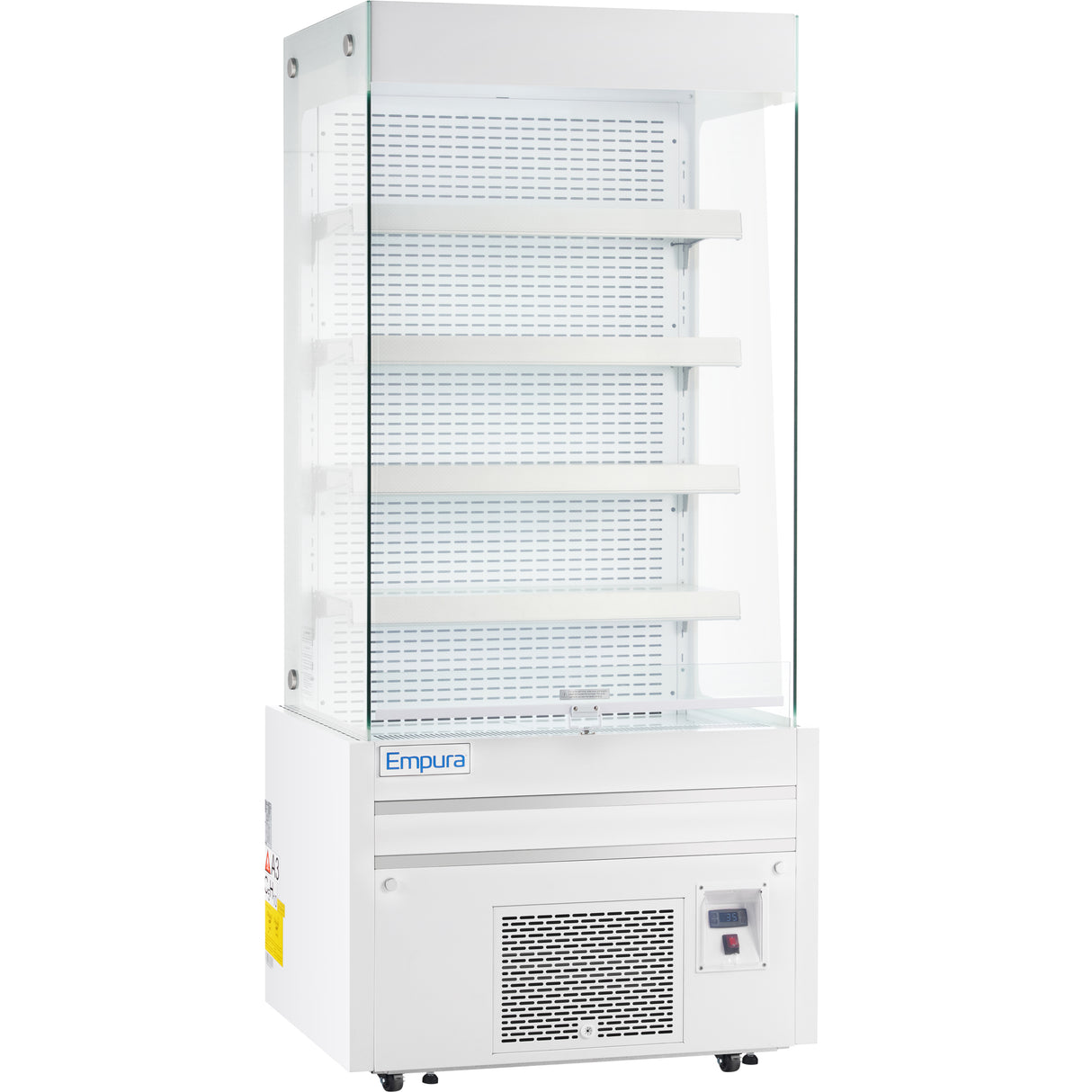 A white Empura refrigeration open air merchandiser with four adjustable shelves, a clear glass front and sides, a vented cooling unit at the bottom, and a digital control panel. The Empura brand is labeled on the front.