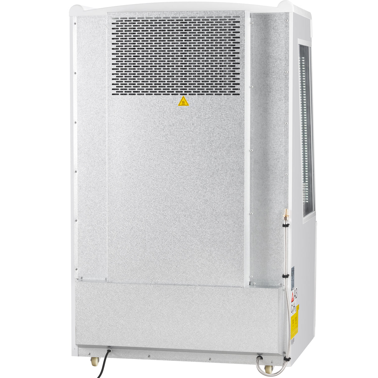 A large, metallic Empura Refrigeration unit on wheels features a vented panel and yellow warning triangle. With a smooth silver-gray finish, 11.3 cu. ft. capacity, side control panel, visible cables at the base, and glass window.