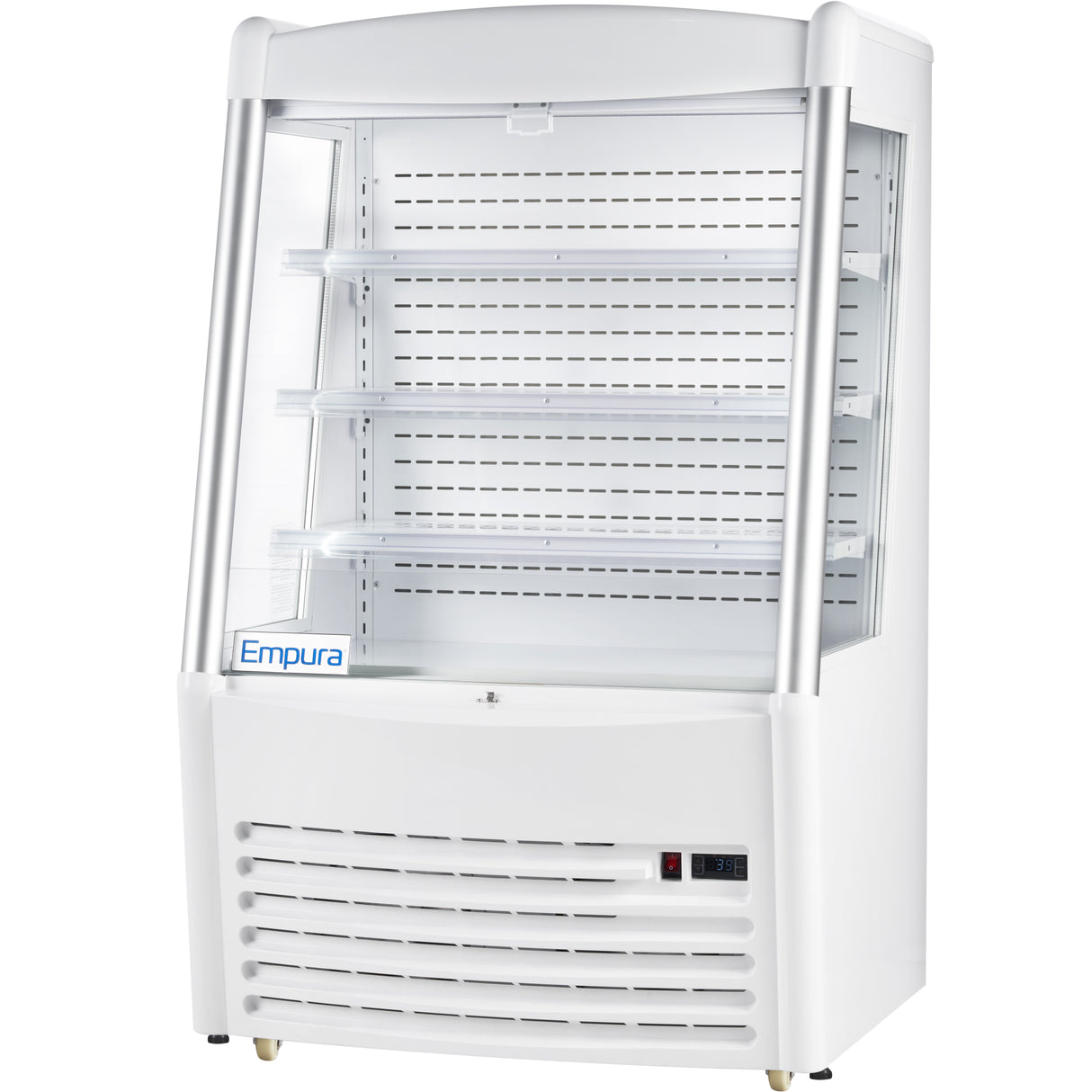 A white Empura Refrigeration open-air merchandiser with 11.3 cu. ft. capacity features four clear shelves, a bottom vent, and a digital temperature display with control panel on the lower right. The “Empura” brand is on the left near the middle shelf.
