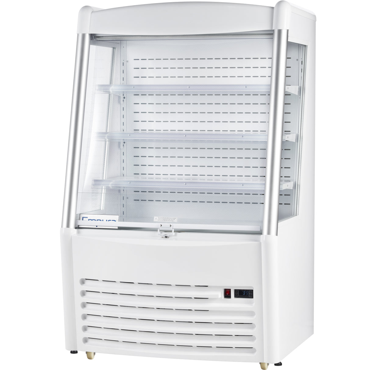 The Empura Refrigeration Open Air Merchandiser features a white frame, clear glass sides and front, four empty adjustable shelves, and a vented refrigeration unit at the bottom with a small digital temperature display. 11.3 cu. ft. capacity.
