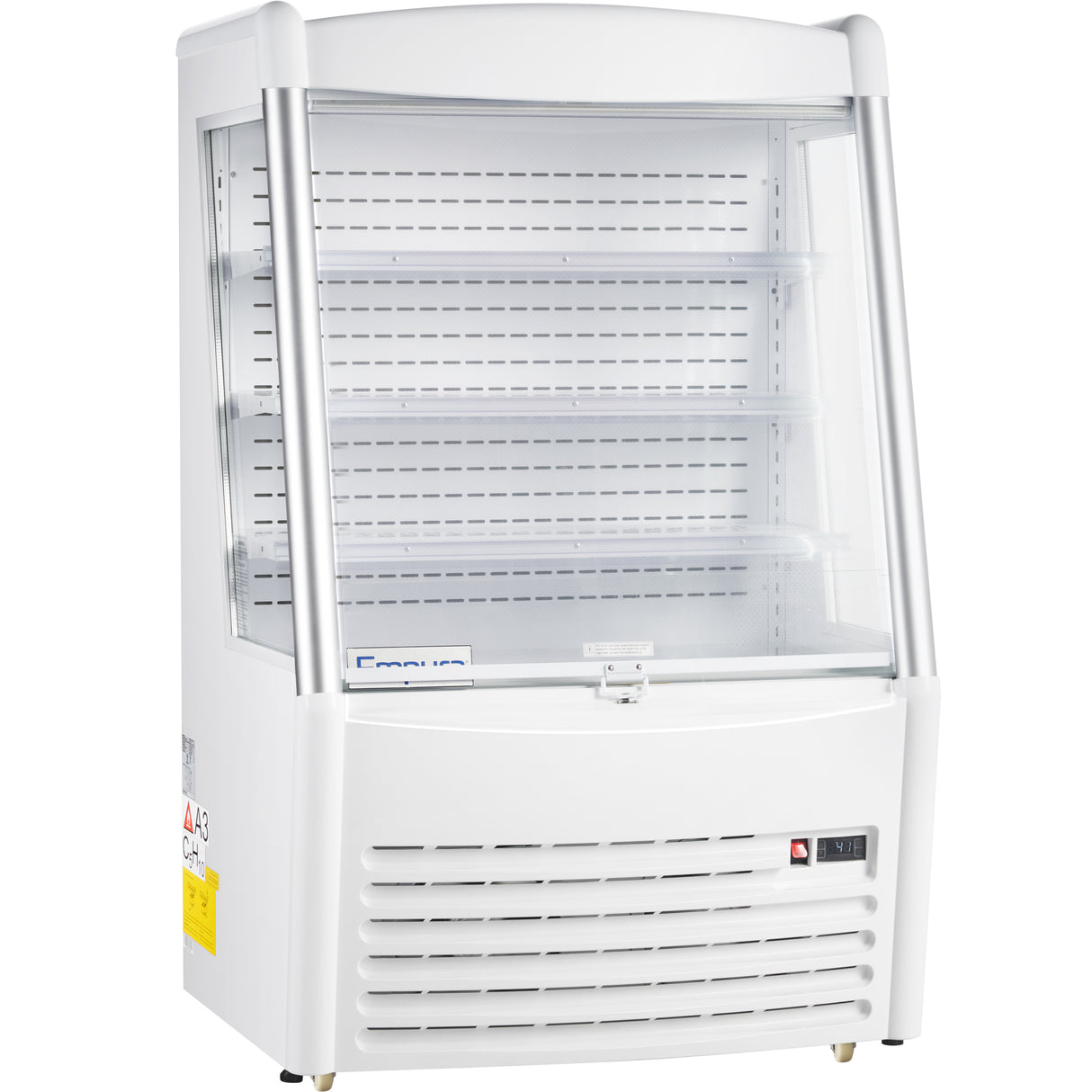 A white Empura Refrigeration open air merchandiser with four glass shelves, transparent side panels, and a vented lower section. This curved-front case offers 11.3 cu. ft. capacity for showcasing chilled food or drinks in stores or cafes.