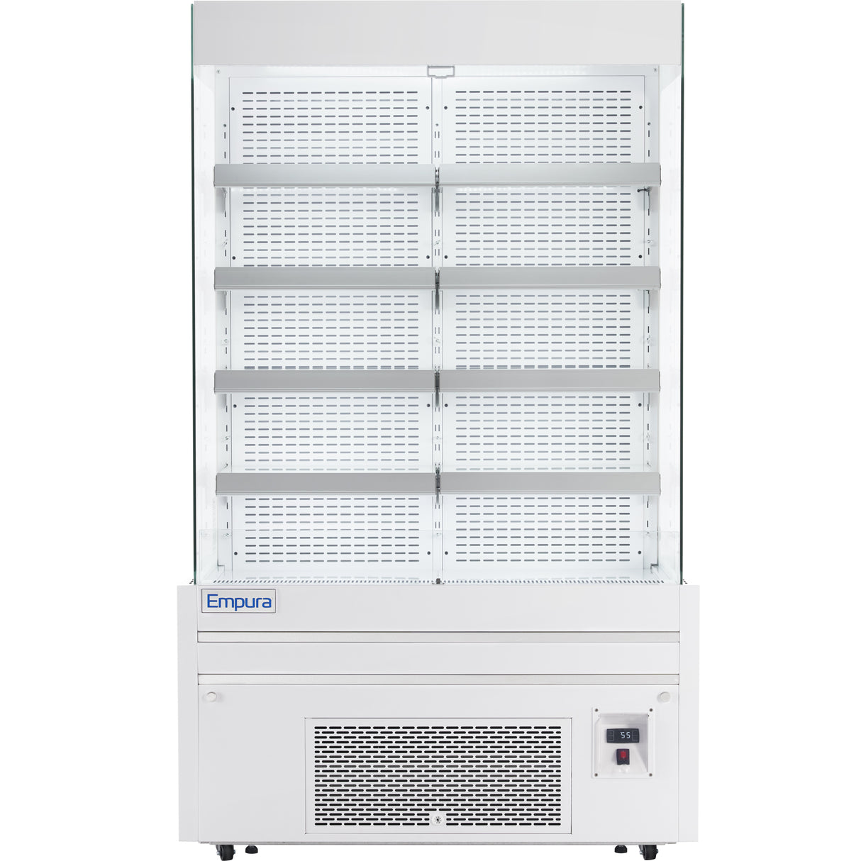 An Empura open air merchandiser display refrigerator features five metal shelves, a white perforated back, and a vented cooling compartment at the bottom with a digital control panel on the right side.