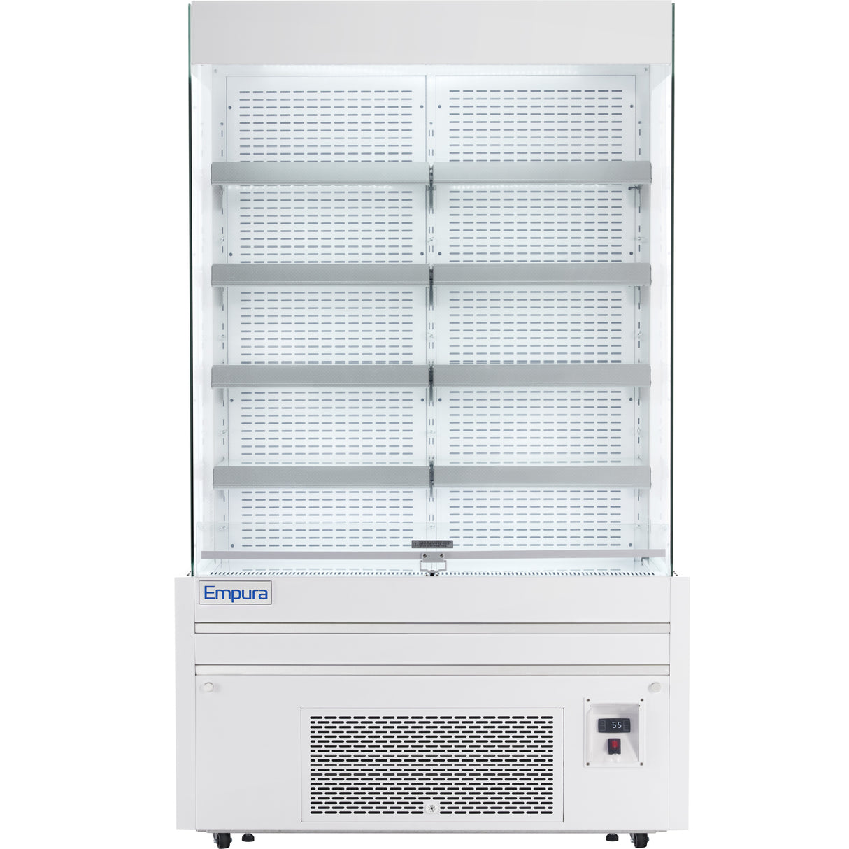 A commercial open-air merchandiser by Empura refrigeration, featuring a white exterior, five adjustable grey shelves, a vented panel at the bottom, and a digital temperature display—ideal as a refrigerated display case for chilled food or drinks.