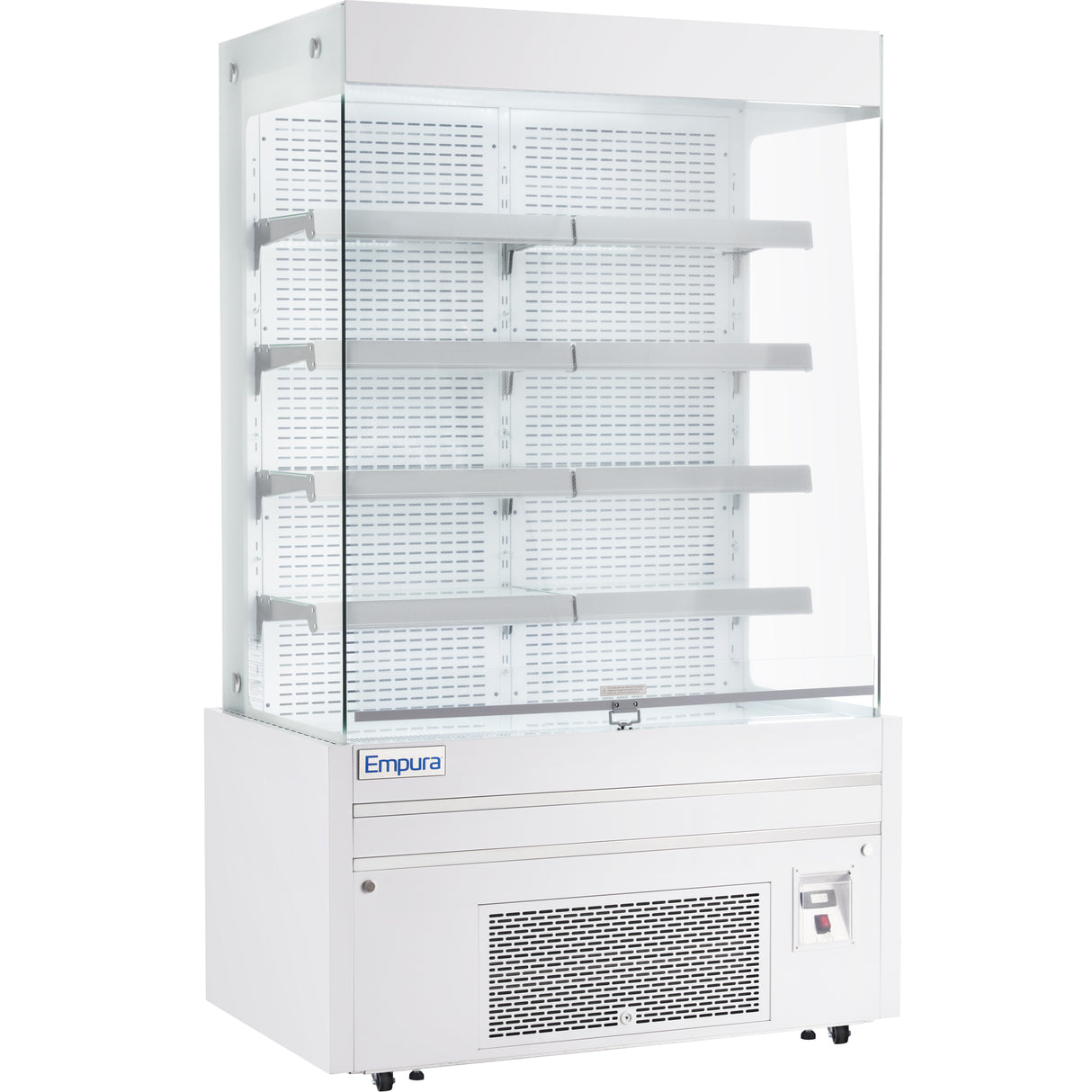 A commercial Empura refrigeration open air merchandiser with four white shelves, a glass front and sides, and a white vented base with control panel. The well-lit refrigerated display case is empty, showcasing the brand name “Empura” on the front.