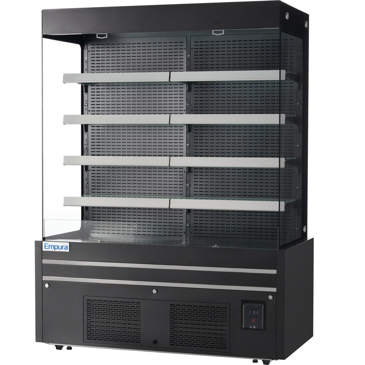 A commercial open-air merchandiser with black exterior, four horizontal shelves, and vented base. The left front corner has a small Empura label. Digital control panel on lower right; shelves and sides are partially enclosed in glass.