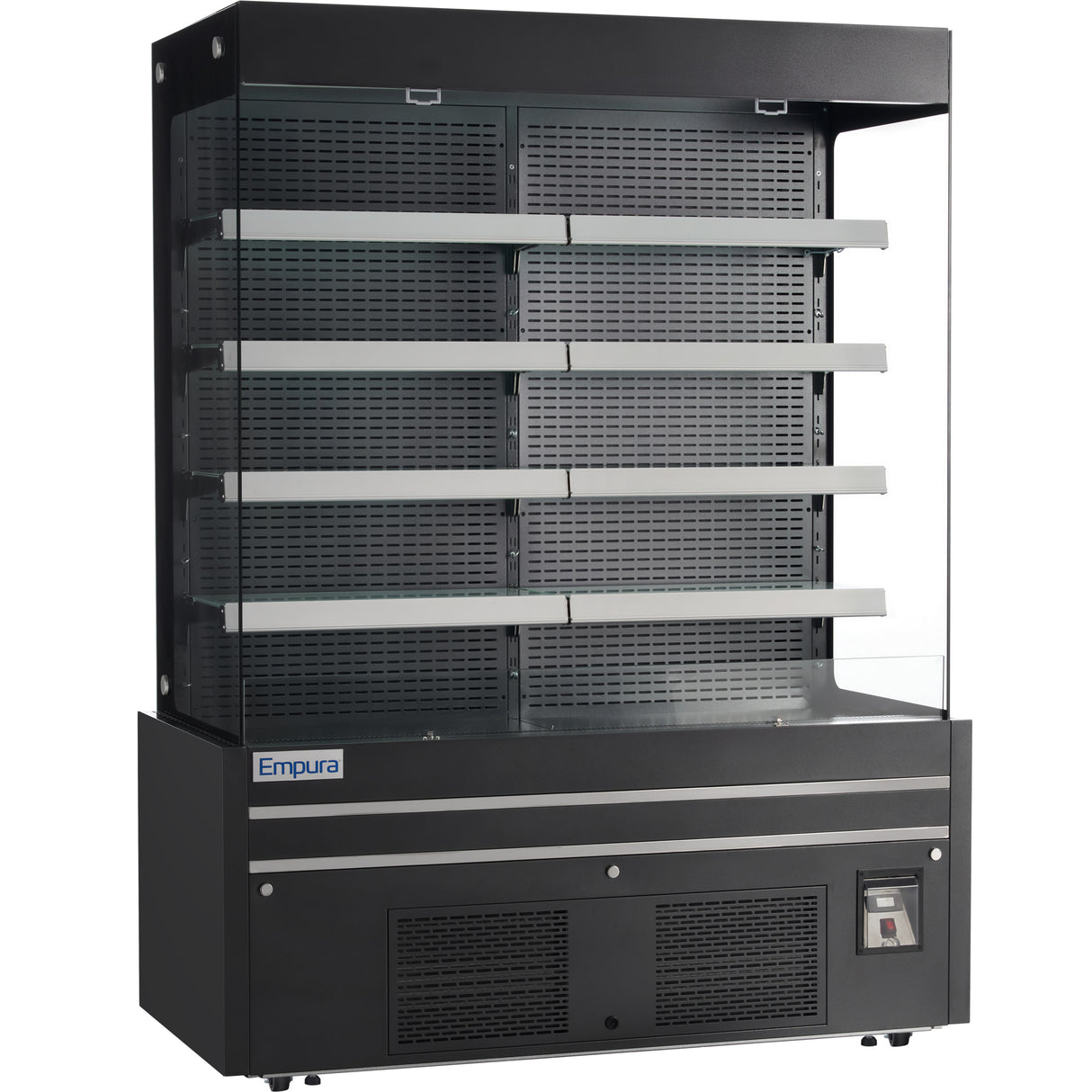 A black Empura refrigeration, open air merchandiser features four adjustable shelves, glass panels on the front and sides, a vented base, and a control panel. The brand name Empura is visible on the lower left. Shelves and interior are empty.