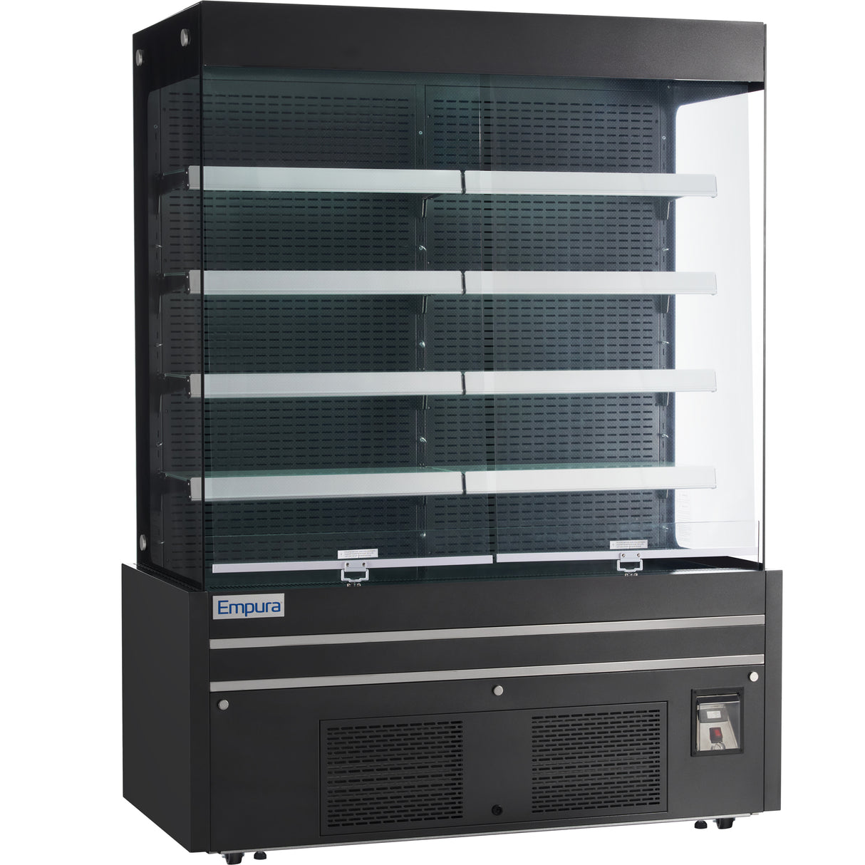 A commercial Empura refrigeration open air merchandiser with four shelves, black exterior, glass front and side panels. The lower section features a ventilation grill, digital control panel, and a prominent “Empura” label on the front.