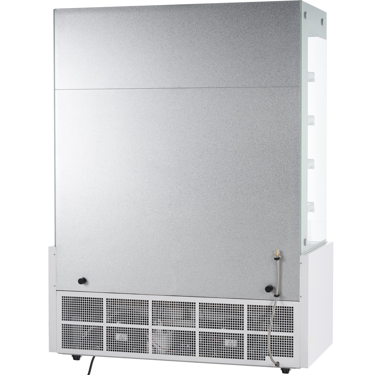 A commercial refrigerated display case, such as an Empura refrigeration unit, is shown from the back. The image reveals a metallic, vented lower panel, a silver back panel with visible screws, electric cord, hose attachment, and smooth sides and top.