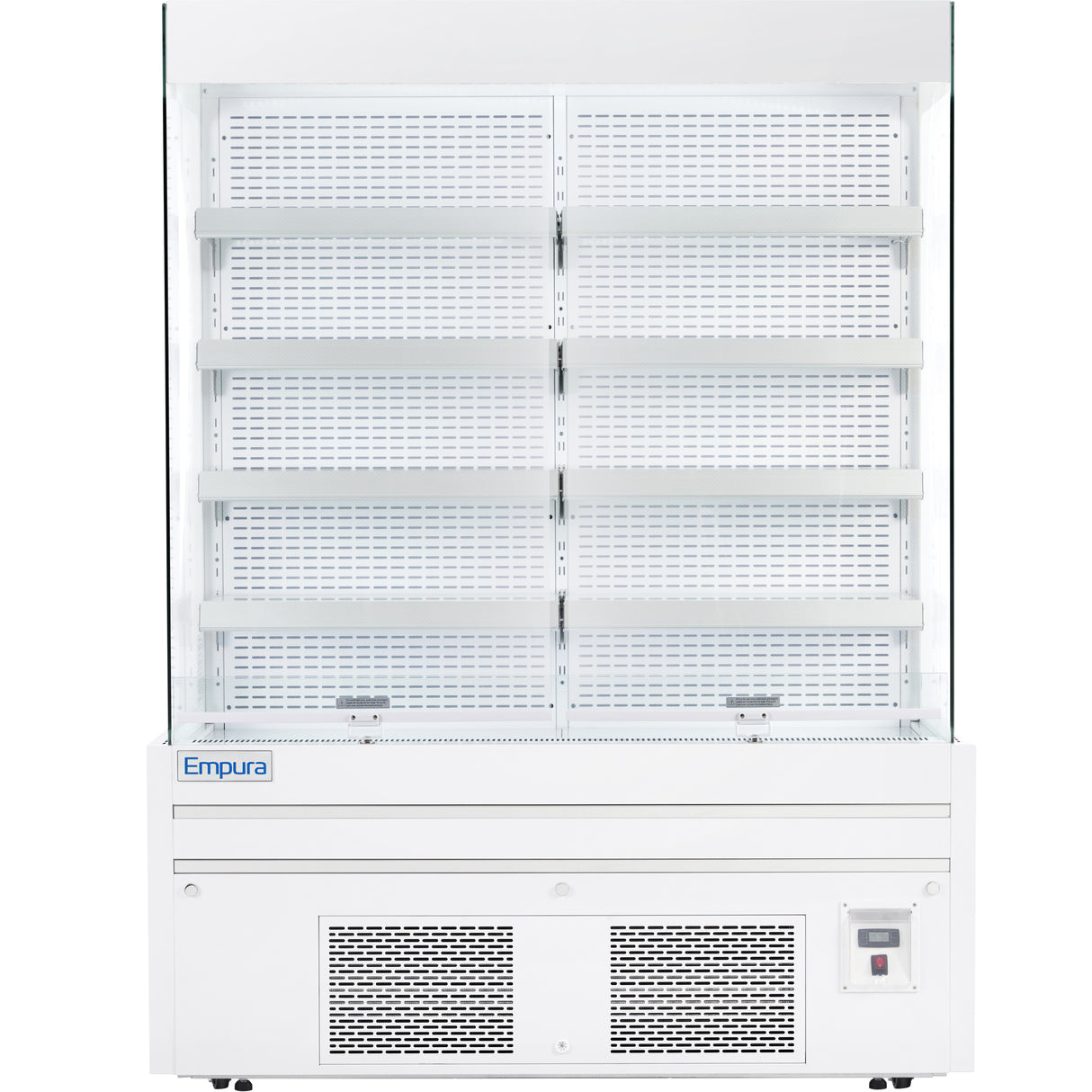 A commercial open air merchandiser with five empty white shelves, glass side panels, and a vented base. The front panel displays the Empura refrigeration brand and features a digital control panel and switch on the lower right.