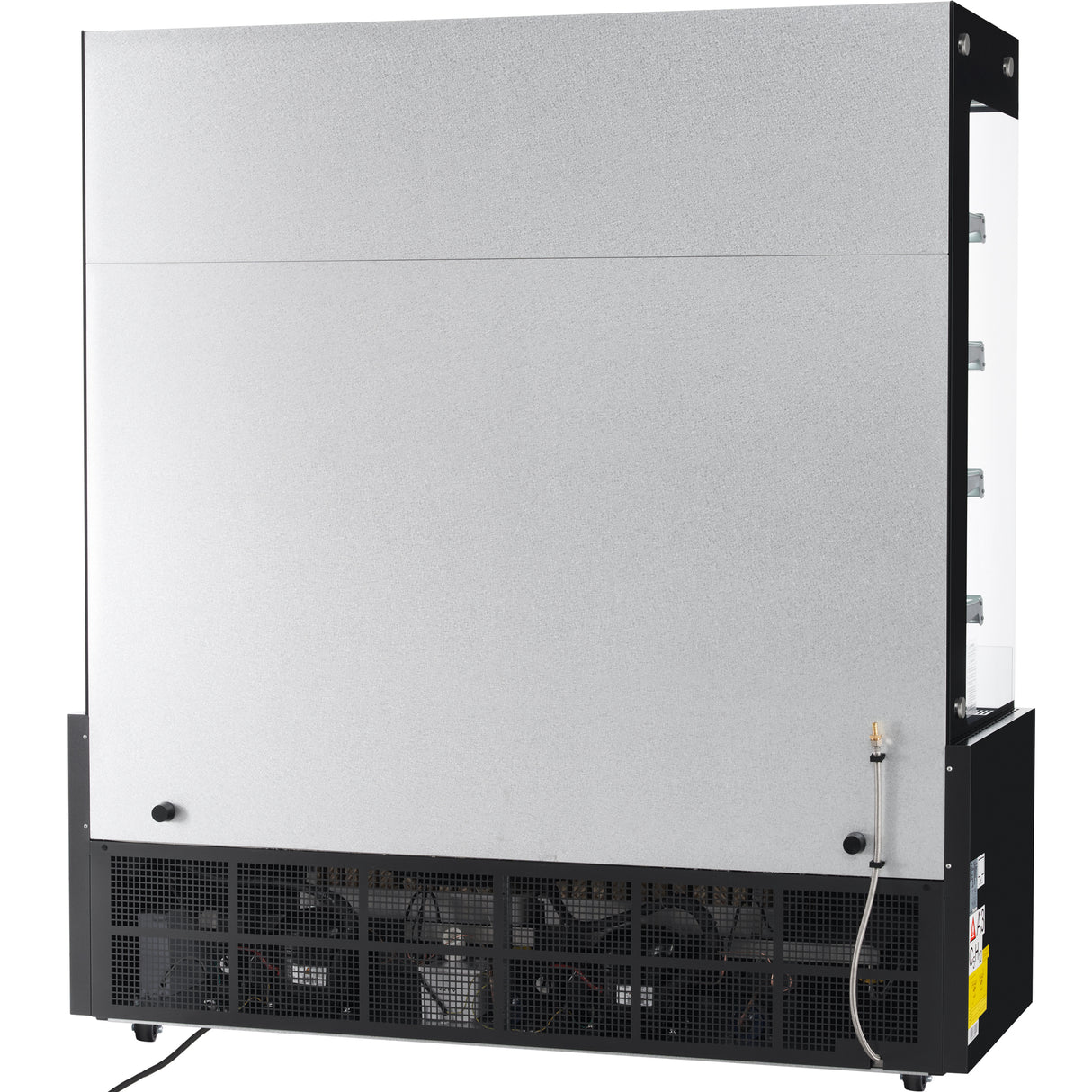 A large commercial ice machine with a metallic front panel, black vented lower section, and visible cooling components. Similar to a commercial refrigerator, it features clear panels with stacked ice trays and a small hose connection on the right side.
