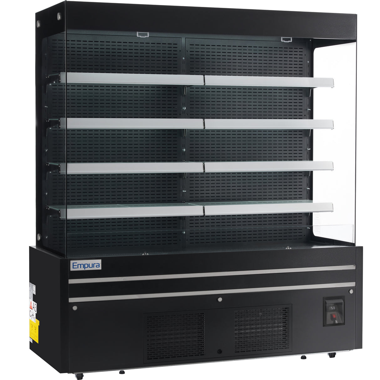 A large, empty black open air merchandiser with four horizontal shelves, LED lighting, a vented lower section, and a digital control panel. The front is open, and the Empura brand name appears on the lower left. Perforated back panel and shelves complete the look.
