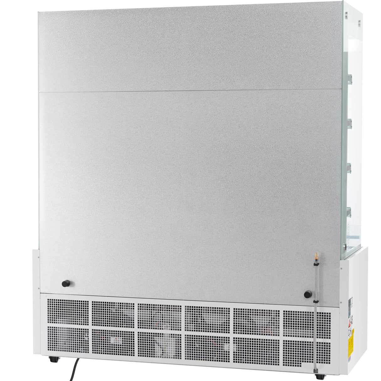 A large, upright Empura Refrigeration unit is shown from the back. The silver surface is plain with a perforated lower section for ventilation. A black power cord extends from the bottom left, and the side features glass panels and several controls.