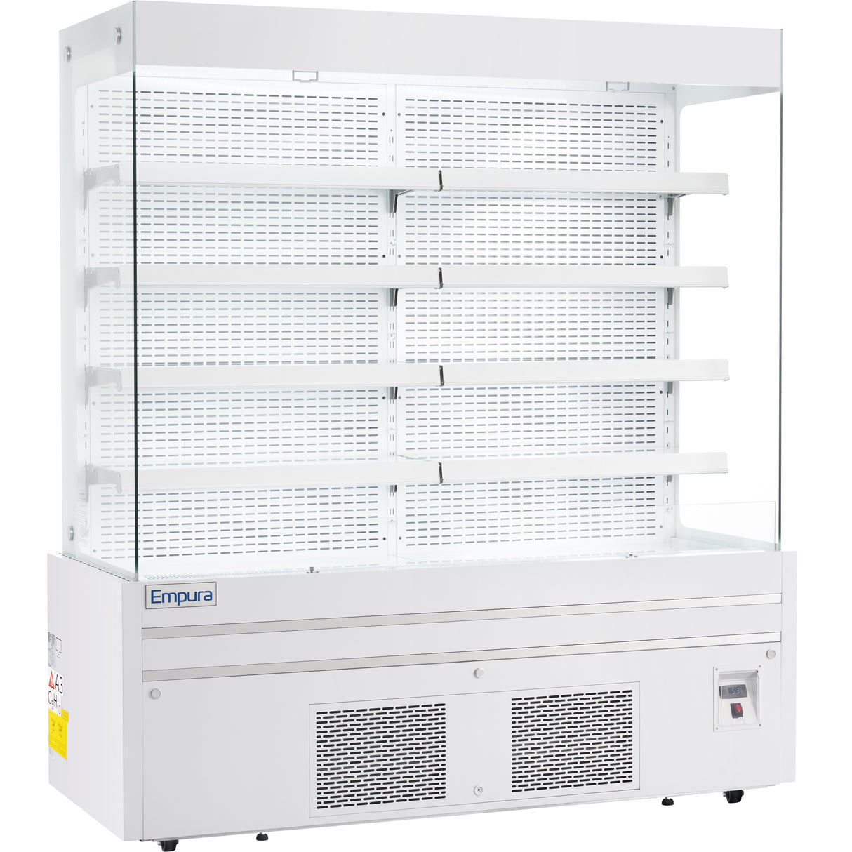 A large, white Empura Refrigeration open air merchandiser with five adjustable shelves, glass sides and front, ventilation grilles at the bottom, and a control panel on the lower right. The interior shelves are empty.